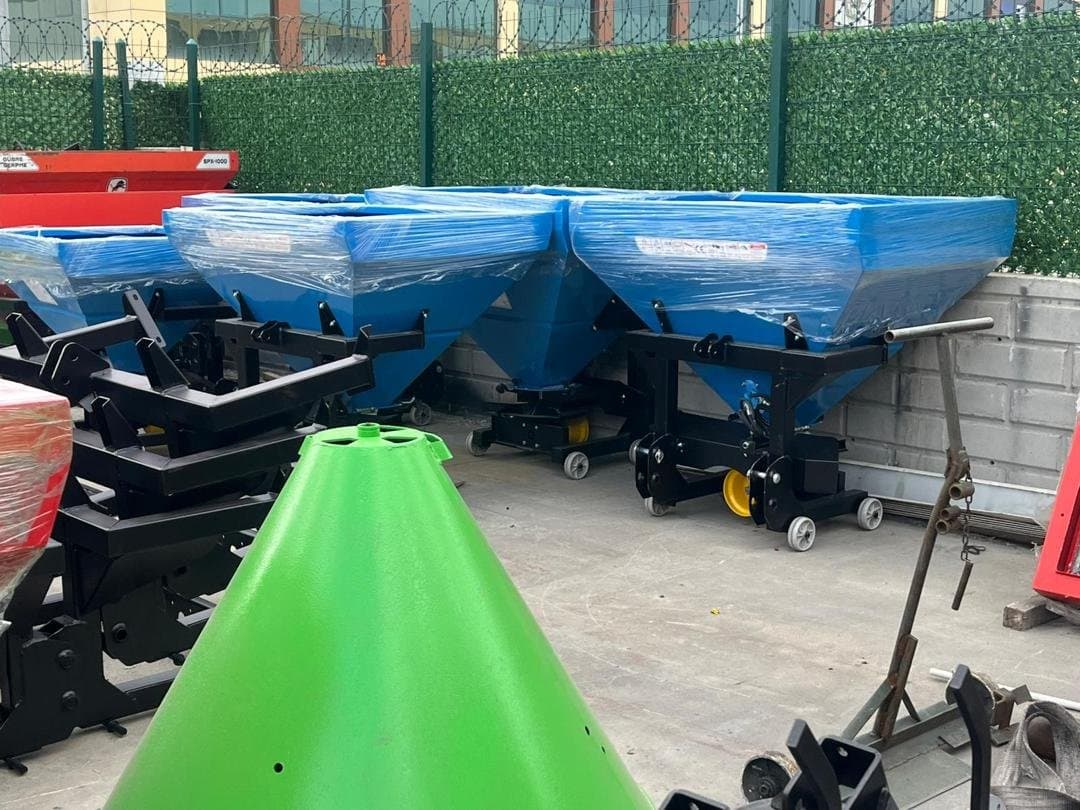 Fertilizer spreaders wrapped and ready for shipping