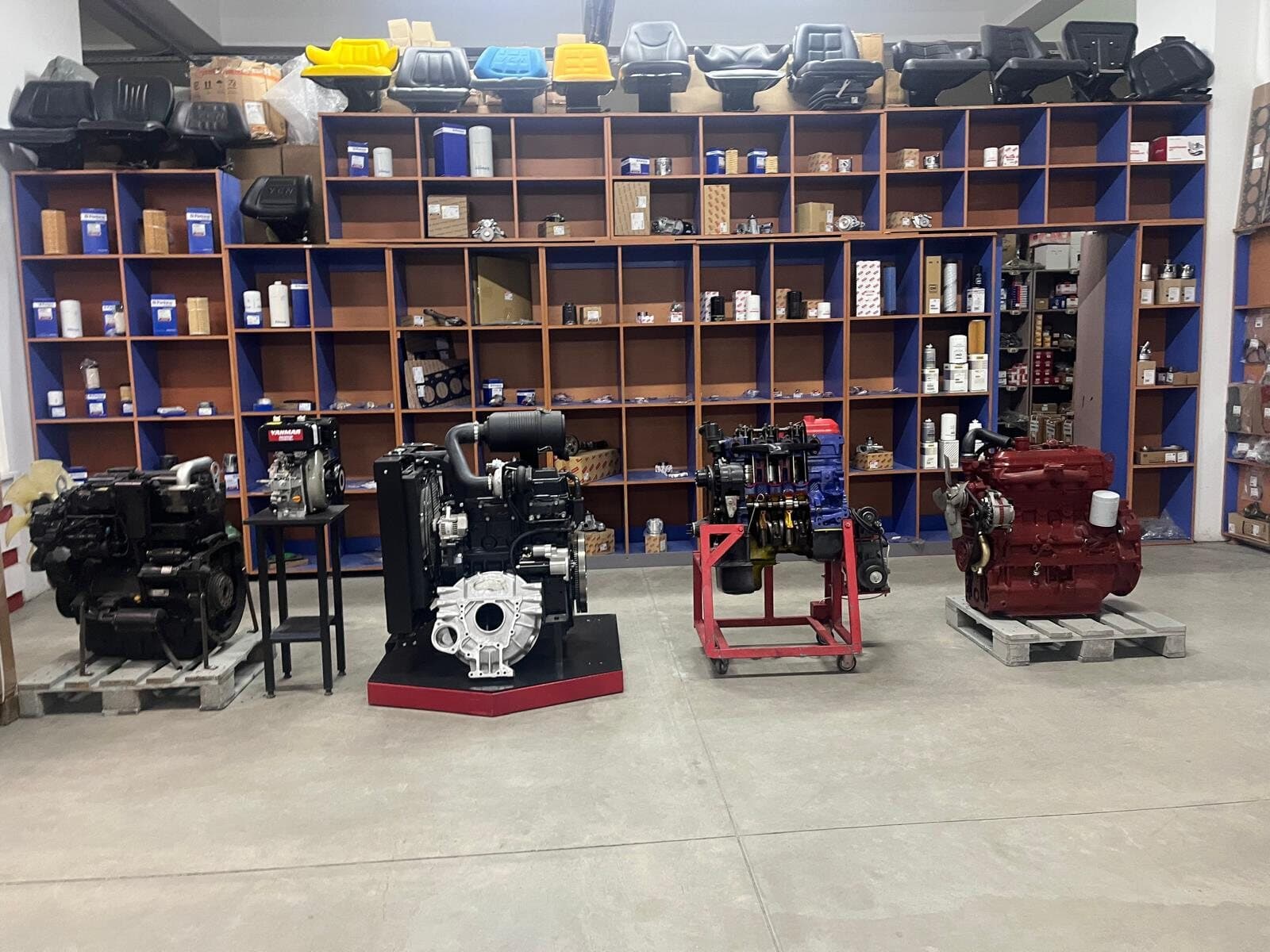 Genuine engines and components in stock at a supplier warehouse