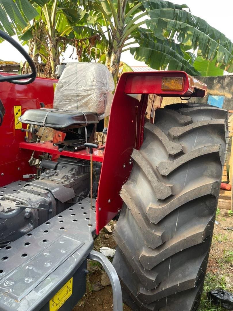 Rear view of a Massey Ferguson 385 showing the rear tire tread